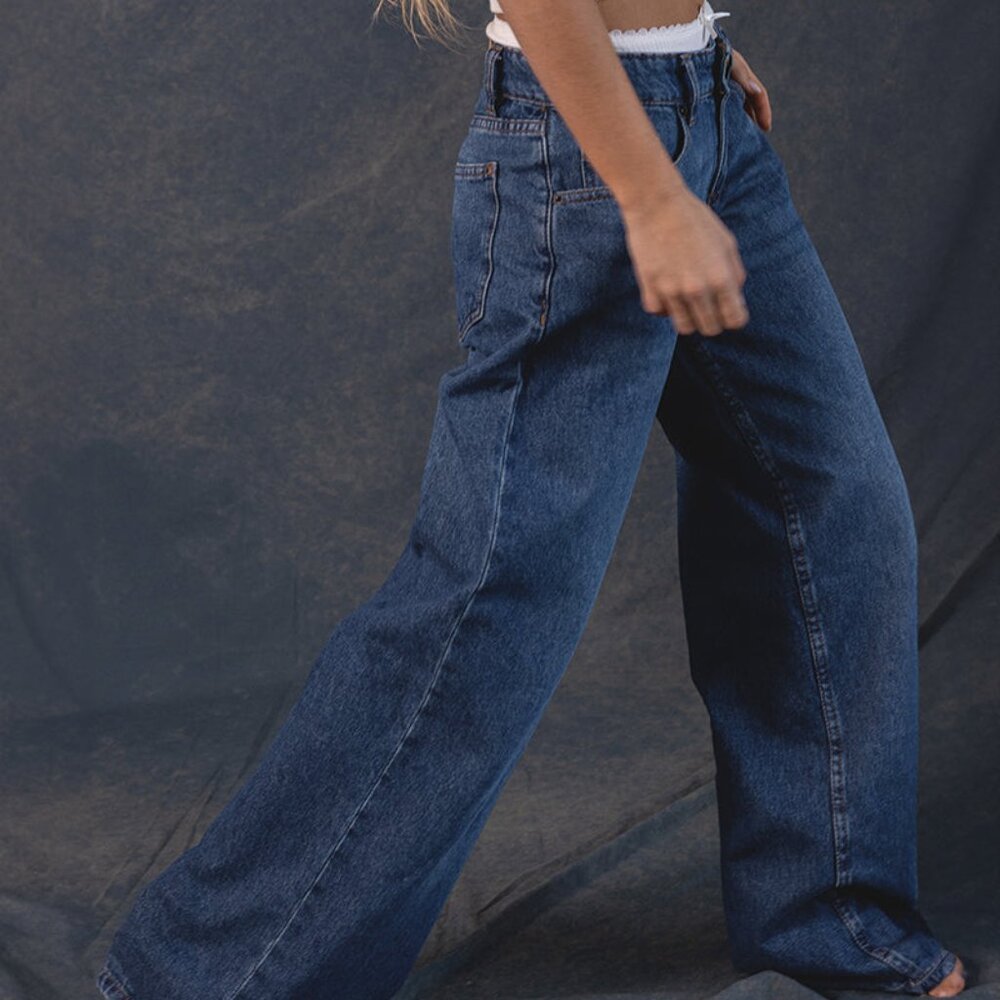 Motel Rocks Roomy Extra Wide Low Rise Jeans in Mid Blue Used W26 L32